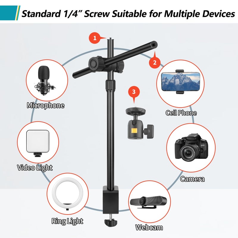 JEBUTU Camera Desk Mount Webcam Stand with Overhead Articulating Magic Boom Arm 1/4" Ball Head for DSLR Tripod, Adjustable Light Stand, Tabletop C Clamp for Ring Light Photo Video Shooting Live Streaming - Image 5