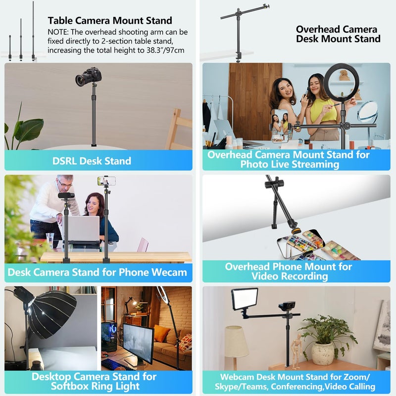 JEBUTU Camera Desk Mount Webcam Stand with Overhead Articulating Magic Boom Arm 1/4" Ball Head for DSLR Tripod, Adjustable Light Stand, Tabletop C Clamp for Ring Light Photo Video Shooting Live Streaming - Image 2