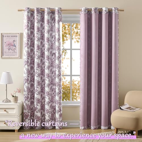 FOLKSIDE Violet Floral Curtains 63 Inch Length 2 Panels for Bedroom Grommet Thermal Insulated Room Darkening Curtains for Girls Room Nursery Romantic Princess Theme Orchid Garden Flower Drapes, 52x63 Purple - Image 3