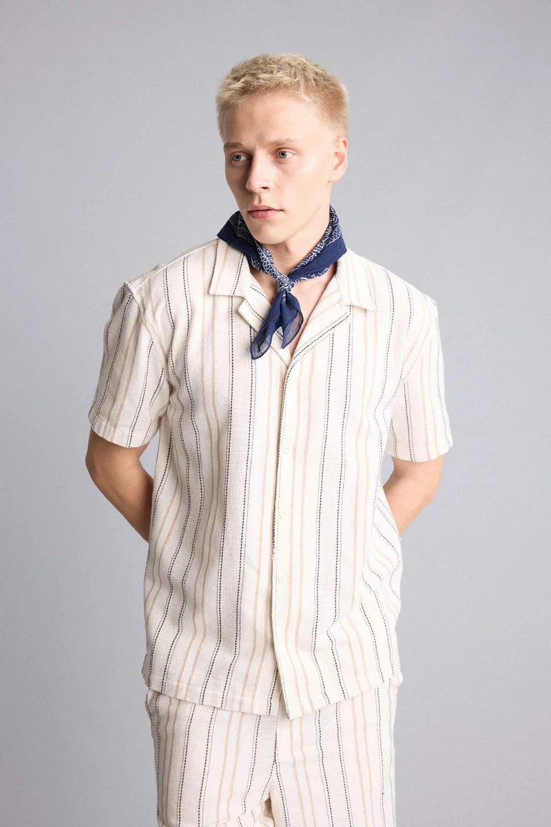 Defacto  Regular Fit Apache Collar Striped Shirt for Men | Best Price UAE