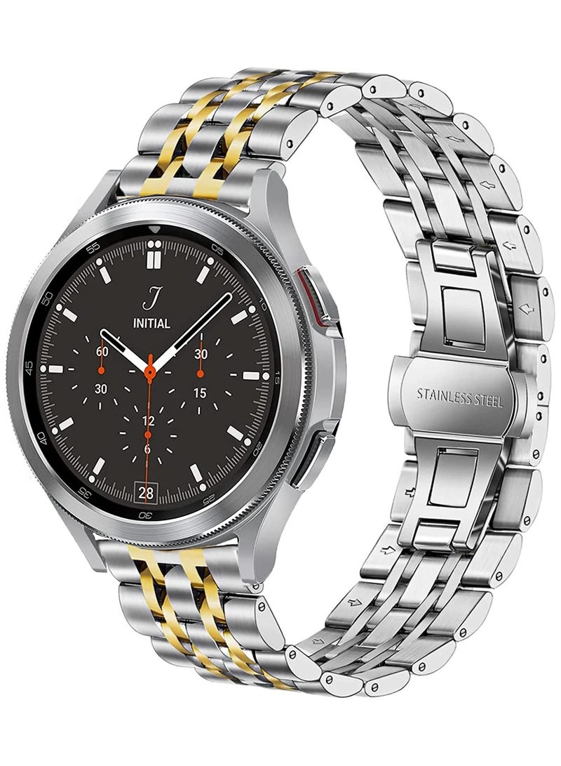 O Ozone Metal Band For Samsung Galaxy Watch 7 6 5 4 FE 40mm 44mm 45mm/Galaxy Watch 6 4 Classic 43mm 47mm 42mm 46mm, 20mm Premium Solid Stainless Steel Replacement Strap for Men - Silver Gold  - Image 1