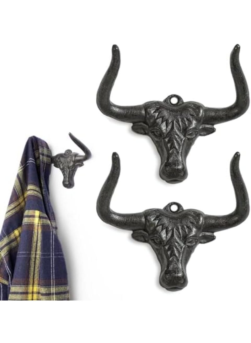 SYOSI Cast Iron Hooks Wall Mount 2 Pack - Heavy Duty Towel Hooks for Bathroom Entryway Closet, Western Cow Bull Animal Design, Antique Rust, Durable Wall Decor for Home and Outdoor Use - Image 1