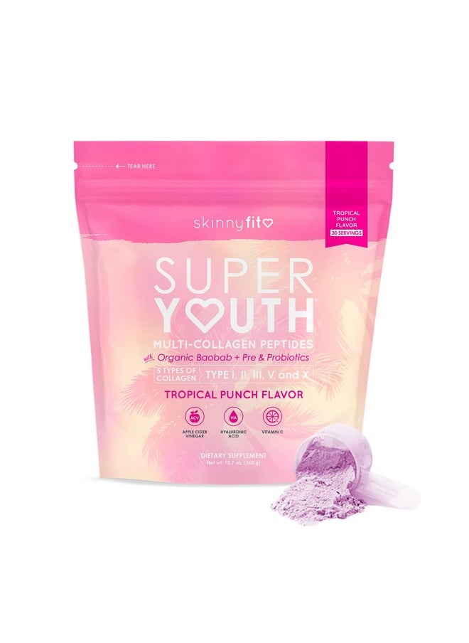 SkinnyFit - SkinnyFit Super Youth Tropical Punch Multi-Collagen Peptides + Probiotics, Baobab Fiber, Apple Cider Vinegar, Hyaluronic Acid, & Vitamin C, Skin, Hair, Joint & Metabolism Support, 30 Servings - Image 1