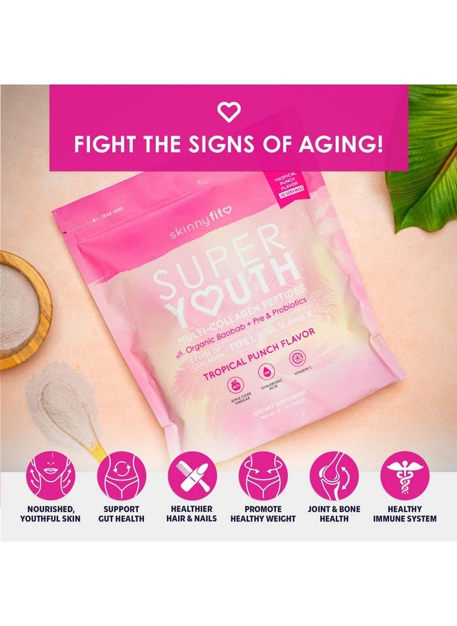 SkinnyFit - SkinnyFit Super Youth Tropical Punch Multi-Collagen Peptides + Probiotics, Baobab Fiber, Apple Cider Vinegar, Hyaluronic Acid, & Vitamin C, Skin, Hair, Joint & Metabolism Support, 30 Servings - Image 1