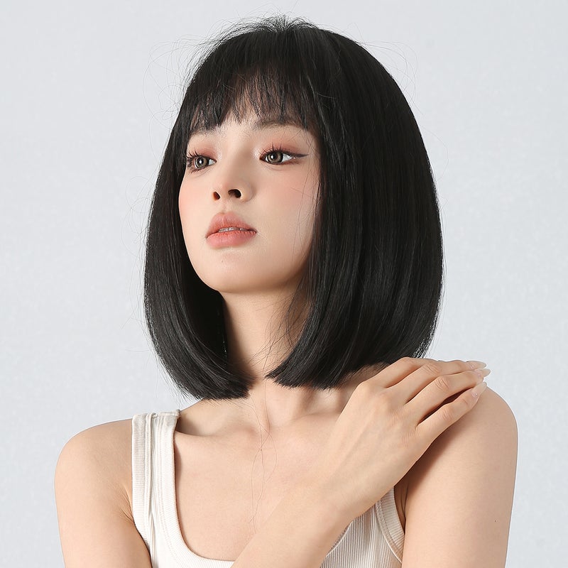 Women's Fashion Wig Cute Bob Wig with Bangs Inward Bob Straight Wig Trendy Ladies' Hair Wig with Hair Net for Women Party Daily Use - Image 2