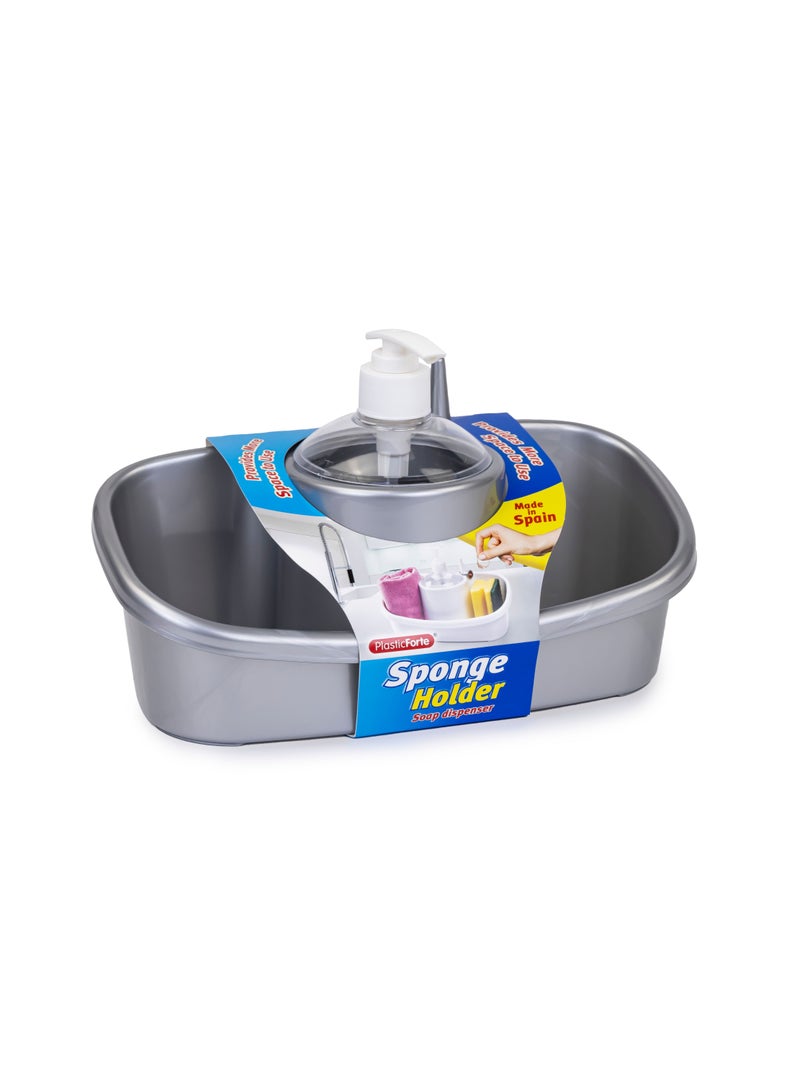 PlasticForte 3 in 1 Soap Dispenser and Sponge Holder with Handy ring holder 250ml Grey  - Image 4