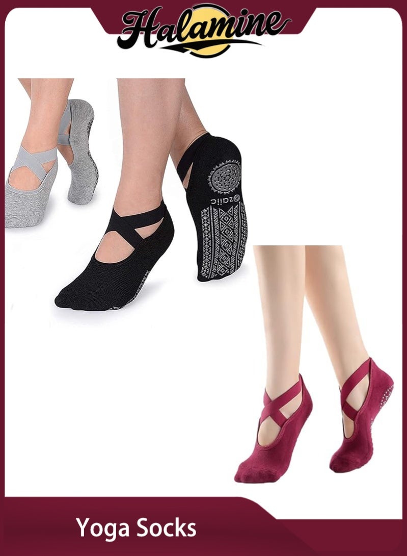 Halamine 3 Pairs Sports Yoga Socks for Women ，Yoga Special Sports Socks,PVC Particles not Only Non-slip but Also Can Massage the Soles of the Feet  - Image 1