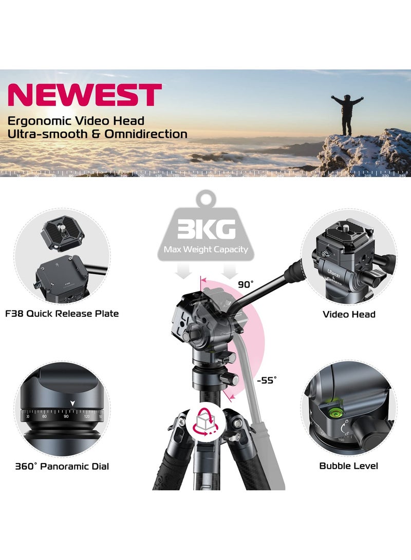 ULANZI F38 Video Travel Tripod, 61.4" Lightweight Carbon Fiber Camera Tripod with Quick Release 1/4" Screw & Video Head, for Most Cameras/DSLR/Projector, Weight 2.38lbs, Maxload 22lbs - Image 2