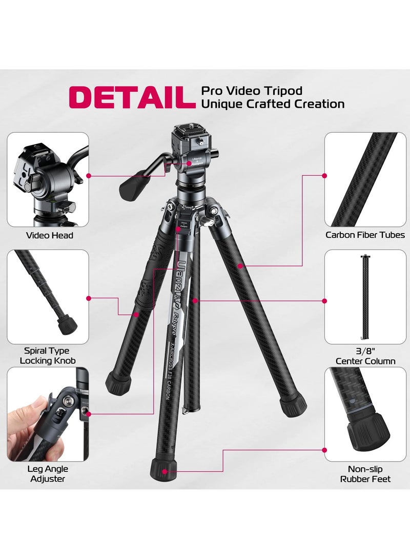 ULANZI F38 Video Travel Tripod, 61.4" Lightweight Carbon Fiber Camera Tripod with Quick Release 1/4" Screw & Video Head, for Most Cameras/DSLR/Projector, Weight 2.38lbs, Maxload 22lbs - Image 4