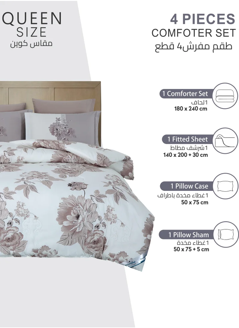 Donetella Printed Comforter Set 4-Pcs Queen Size All Season Bed Fits(140 X 200 Cm)Bedding Set With Removable Filler And Down Alternative Filling, Pale Slate