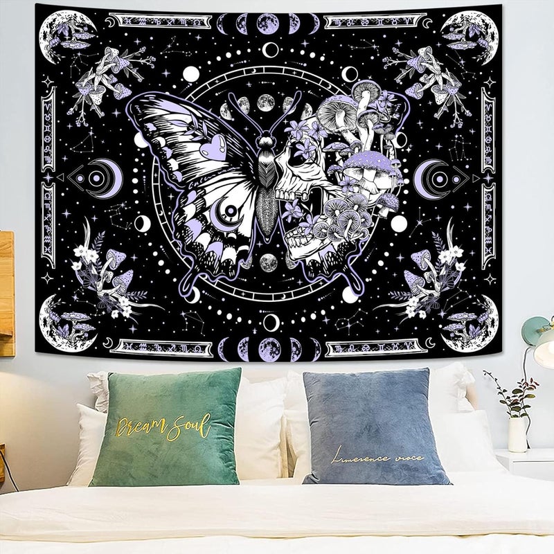 Fungarth Skeleton Butterfly Tapestry Purple Skull Hippie Mushroom Plants Tapestry for Bedroom Moon phase Aesthetic Tapestries Wall Hanging for Living Room Dorm (68.00” x 90.00”, Purple) - Image 2