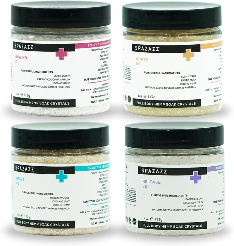 Spazazz Hot Tub Aromatherapy Full Body Hemp Soak Collection Sampler Pack  4oz 1000 mg Hemp Spa Aromatherapy Hot Tub Bath Salt Crystals 4 Pack Release 22 Reset 06 Unwind 17 Ignite 09