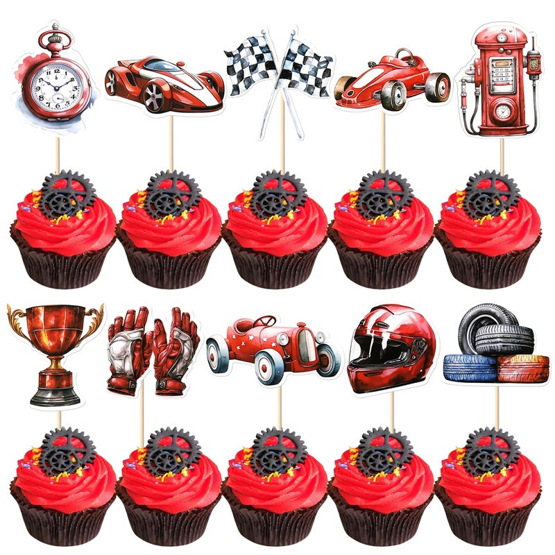 YCTHUNFISH 40 Pack Racing Car Cupcake Toppers Fighting Flag Cupcake Picks Race Helmet Gloves Cupcake Decorations for Racing Sport Theme Baby Shower Boys and Girls Birthday Party Supplies - Image 1