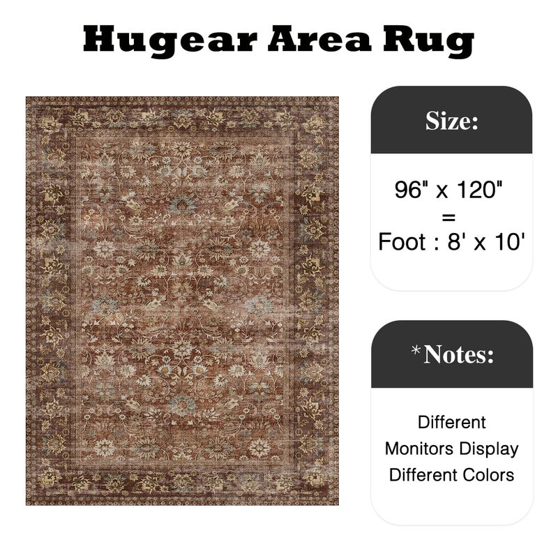 HUGEAR 8x10 Machine Washable Rugs Brick Red Hallway Large Area Rug Indoor Accent Rug Floral Low Pile Carpet Soft Throw Aesthetic Rug Bedroom Living Room Office Dining Room Kitchen Laundry Room - Image 2