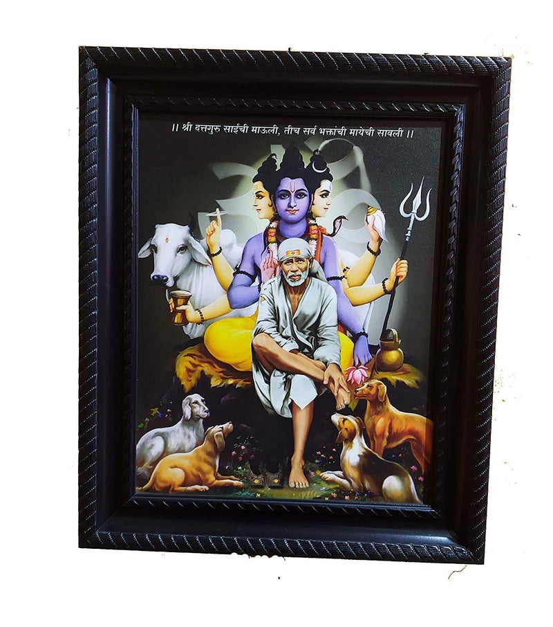 Sai Amrut Gifts Shirdi Baba Wall Hanging Matte Finish Wooden Photo Frame for Home Decor (Tridev Shirdi _8 x 10 Inch) - Image 1