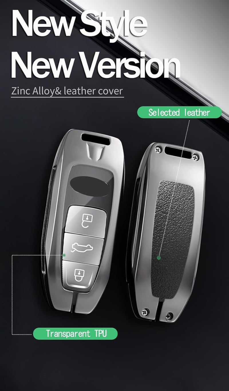 ontto Metal Leather Car Key Fob Cover for Audi Models with 3 Buttons - Black - Image 3