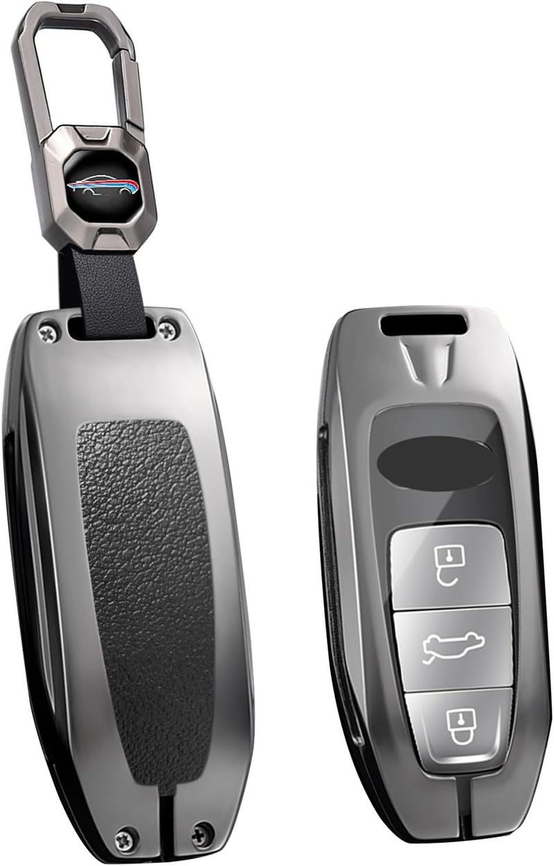 ontto Metal Leather Car Key Fob Cover for Audi Models with 3 Buttons - Black - Image 1