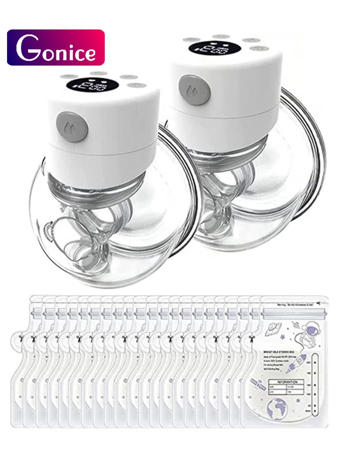 Pack Of 2 Electric Hands Free Wearable Breast Pump With 30 Pcs Breastmilk Storage Bags 