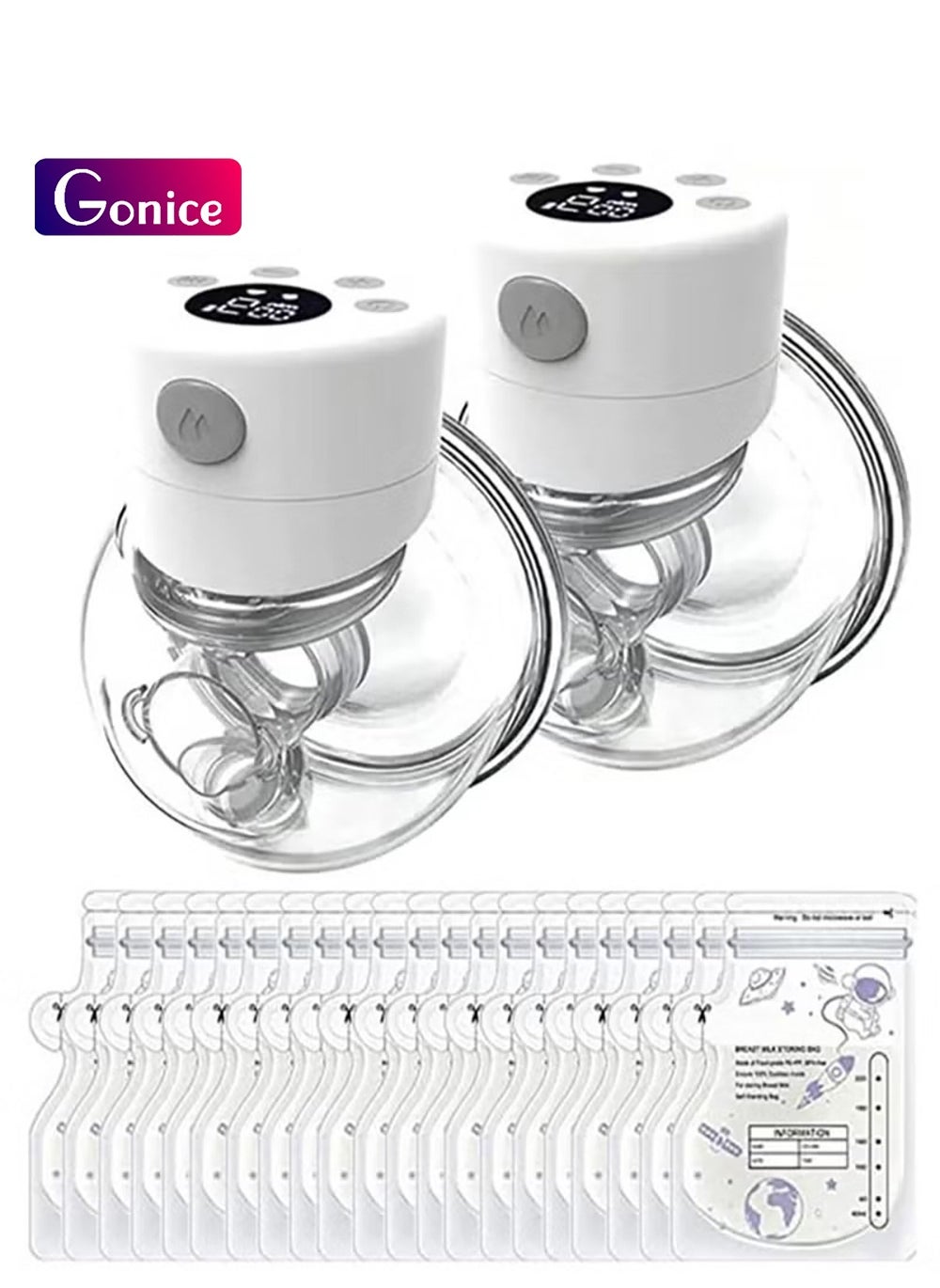 Gonice Pack Of 2 Electric Hands Free Wearable Breast Pump With 30 Pcs Breastmilk Storage Bags 