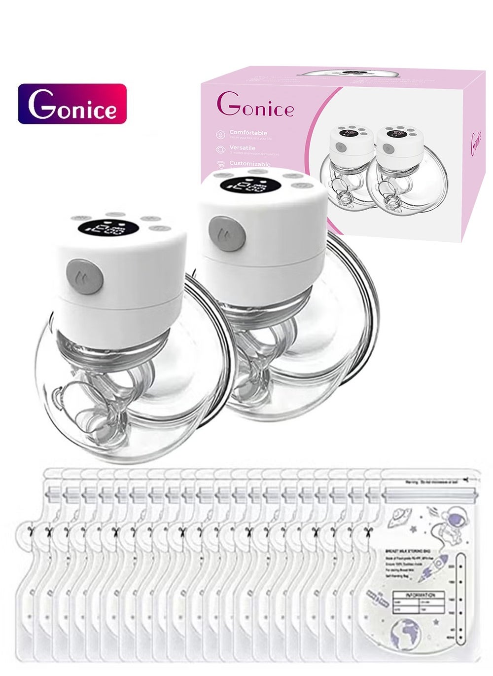 Gonice Pack Of 2 Electric Hands Free Wearable Breast Pump With 30 Pcs Breastmilk Storage Bags 