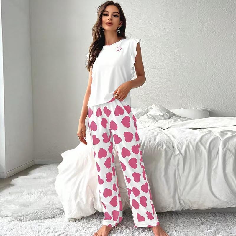 UNIQUEONE Womens Pajamas Sets Valentines Pj Set Cute Heart Print Long Sleeve Shirt with Long Pants Set Pink - Image 1