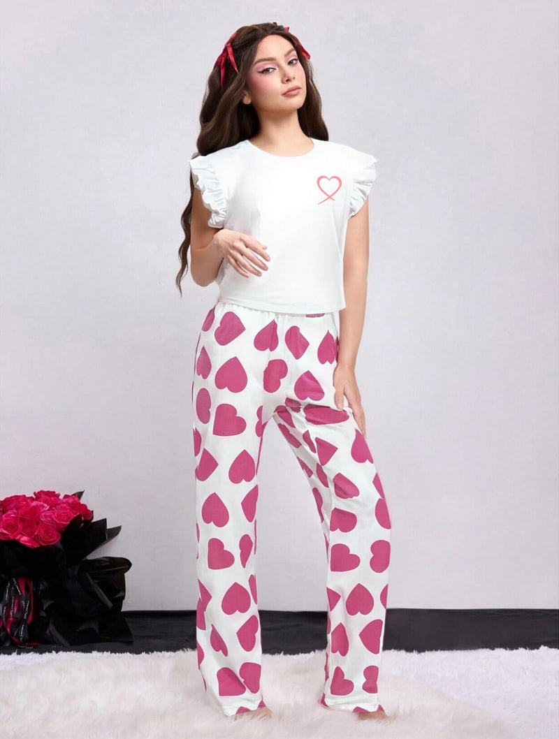 UNIQUEONE Womens Pajamas Sets Valentines Pj Set Cute Heart Print Long Sleeve Shirt with Long Pants Set Pink - Image 2