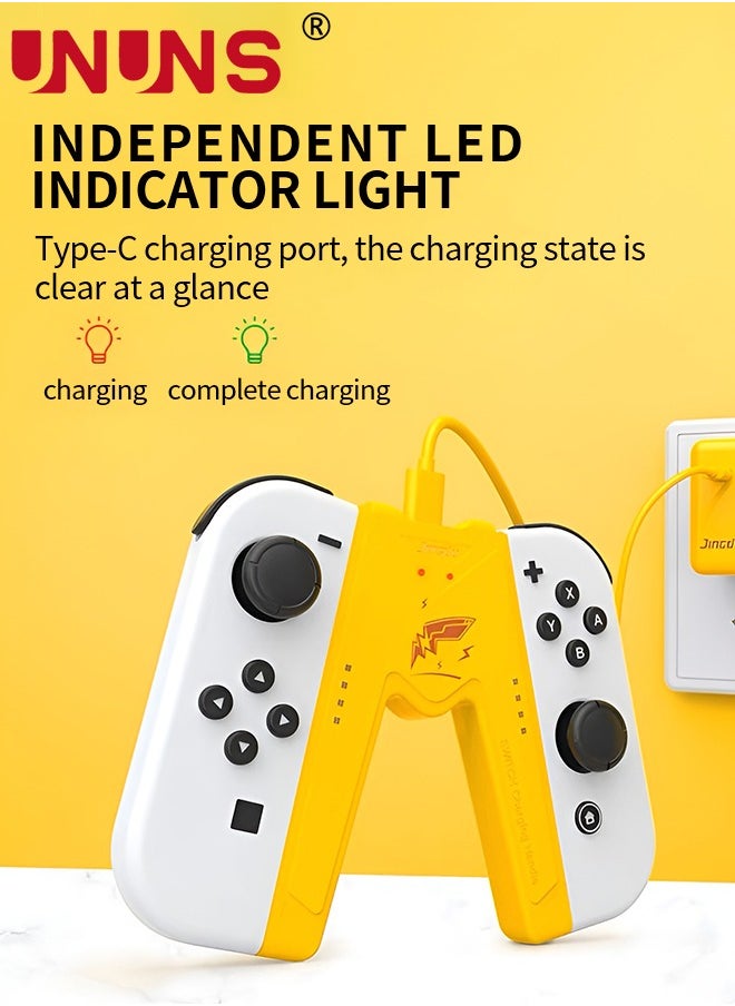 UNUNS - مقبض شحن Switch Joy-Con متوافق مع طراز Nintendo Switch/ OLED، شاحن وحدة تحكم Joy-Con على شكل حرف V من UNUNS مع مؤشرات، العب أثناء الشحن، أصفر - Image 1
