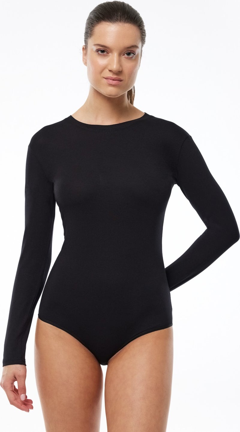 Malabadi Women's Black Round Neck Long Sleeve Hooked Modal Bodysuit 137  - Image 1