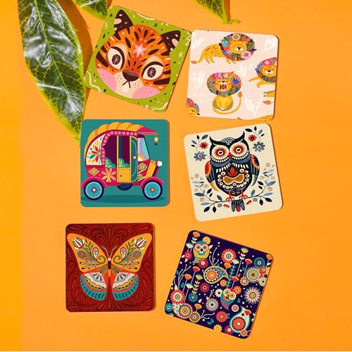 TAJNAN Indian Art Printed Coaster Set of 6 Beautiful Wooden Coasters with Plastic Coating Proper Coaster Stand Designer Coaster (taj-Coaster-cat-rr) - Image 2