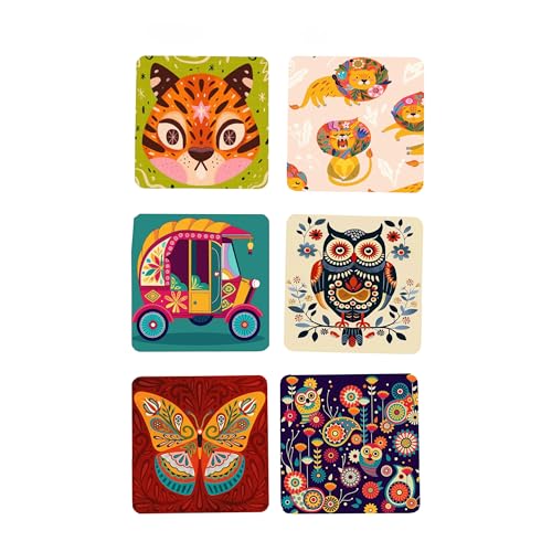 TAJNAN Indian Art Printed Coaster Set of 6 Beautiful Wooden Coasters with Plastic Coating Proper Coaster Stand Designer Coaster (taj-Coaster-cat-rr) - Image 1