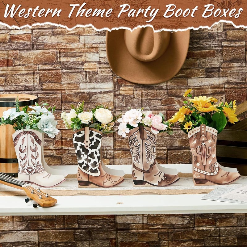 Memorywuu 12 Set Western Boots Flower Boxes Centerpiece Boot Shape Gift Boxes Party Decoration Vase Centerpieces for Tables Boots Rodeo Birthday Baby Shower Supplies (Western,Cowboy Cow) - Image 4