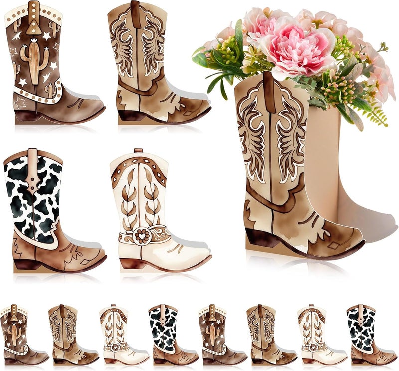 Memorywuu 12 Set Western Boots Flower Boxes Centerpiece Boot Shape Gift Boxes Party Decoration Vase Centerpieces for Tables Boots Rodeo Birthday Baby Shower Supplies (Western,Cowboy Cow) - Image 1