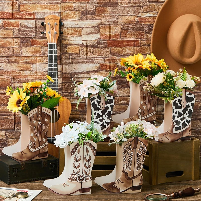 Memorywuu 12 Set Western Boots Flower Boxes Centerpiece Boot Shape Gift Boxes Party Decoration Vase Centerpieces for Tables Boots Rodeo Birthday Baby Shower Supplies (Western,Cowboy Cow) - Image 5