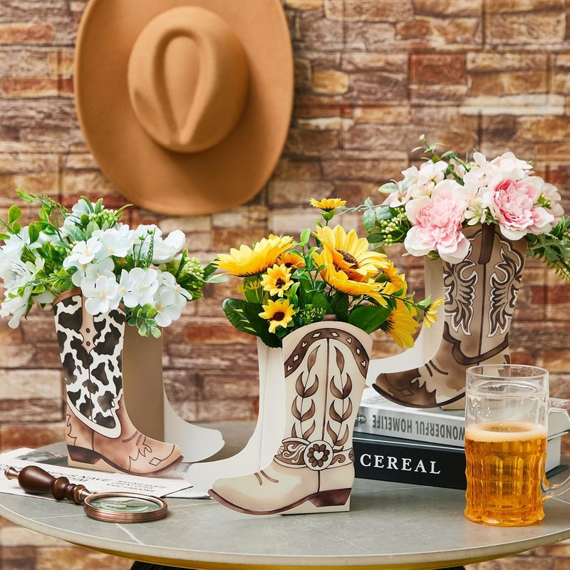 Memorywuu 12 Set Western Boots Flower Boxes Centerpiece Boot Shape Gift Boxes Party Decoration Vase Centerpieces for Tables Boots Rodeo Birthday Baby Shower Supplies (Western,Cowboy Cow) - Image 3