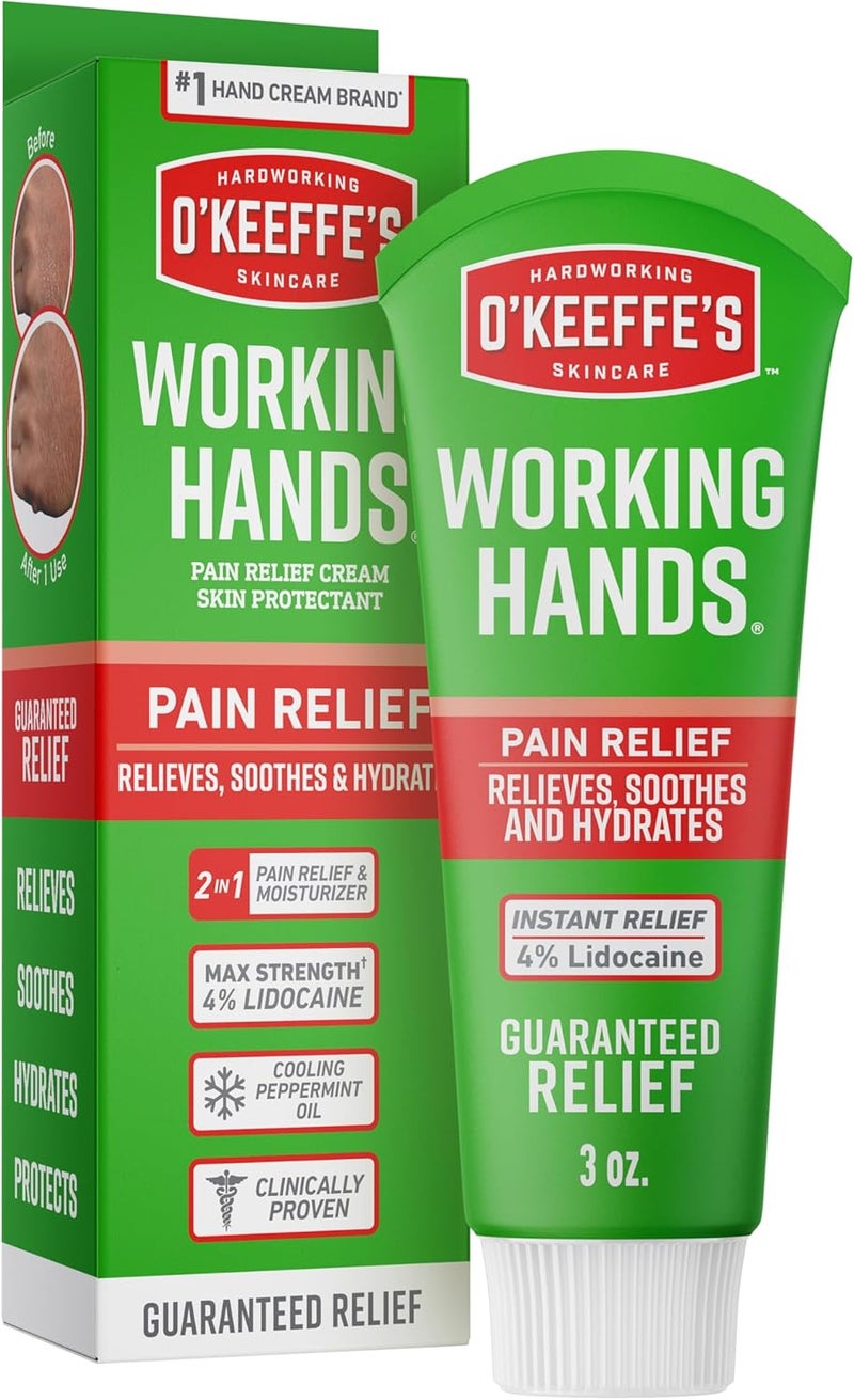 OKeeffes Working Hands Pain Relief Cream Skin Protectant with 4 Lidocaine and Cooling Peppermint Oil for Instant Relief from Pain Itching Irritation and Dryness 3oz Tube
