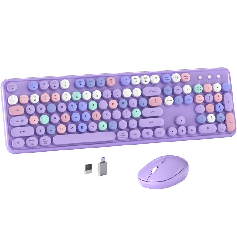 MPTOG Colorful Wireless Computer Keyboard and Mouse Combo with Round Typewriter Keycaps, Retro Design, Power Switch, Ergonomic Design, 2.4GHz Wireless for Windows, Mac, PC(Purple-Colorful) - Image 1