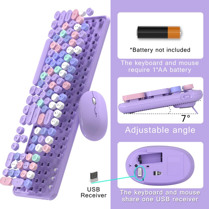 MPTOG Colorful Wireless Computer Keyboard and Mouse Combo with Round Typewriter Keycaps, Retro Design, Power Switch, Ergonomic Design, 2.4GHz Wireless for Windows, Mac, PC(Purple-Colorful) - Image 5