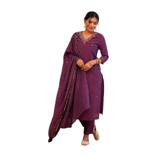 Shiv Textiles Women's Roman Silk Embroidered Kurta Pant Dupatta Set(SR-SAMEERA-Wine-S) - Image 1