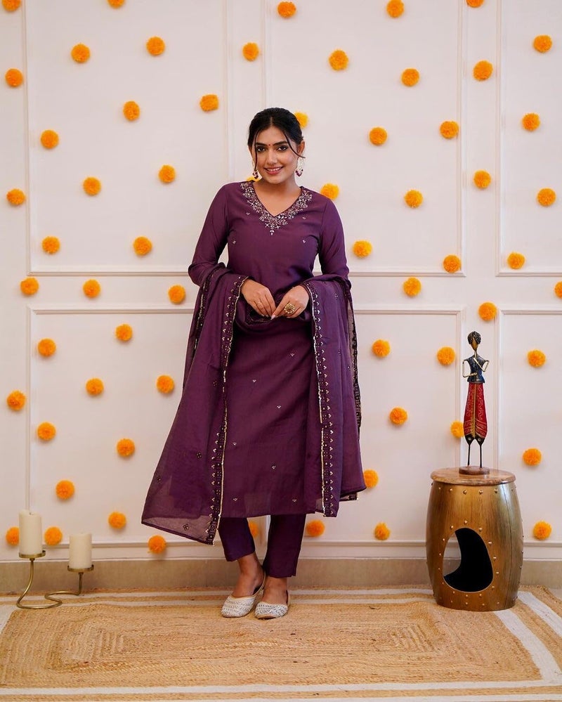Shiv Textiles Women's Roman Silk Embroidered Kurta Pant Dupatta Set(SR-SAMEERA-Wine-S) - Image 3