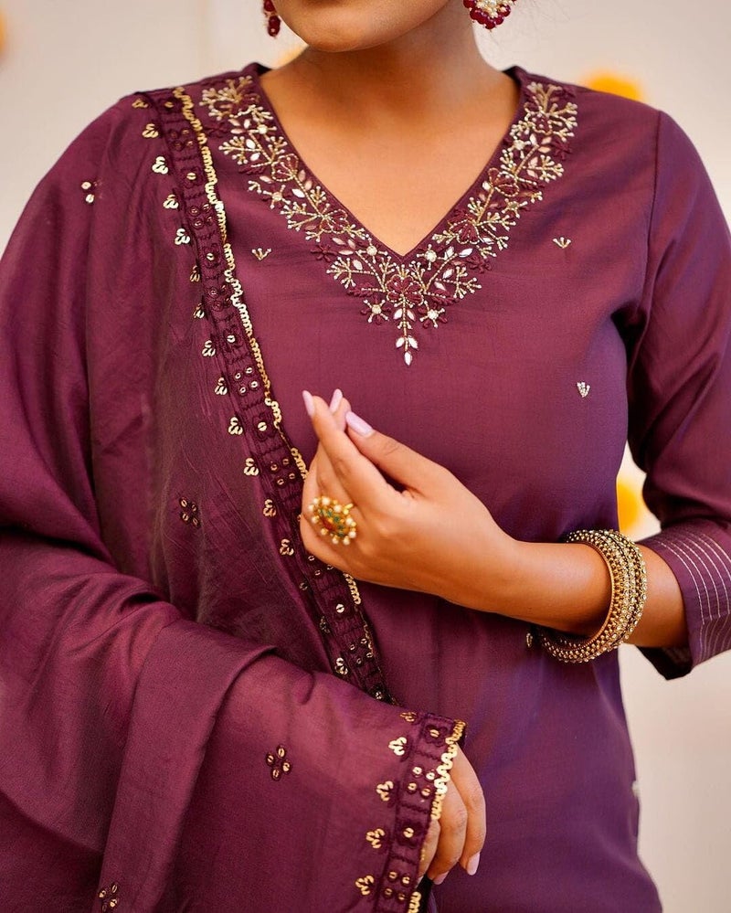 Shiv Textiles Women's Roman Silk Embroidered Kurta Pant Dupatta Set(SR-SAMEERA-Wine-S) - Image 4