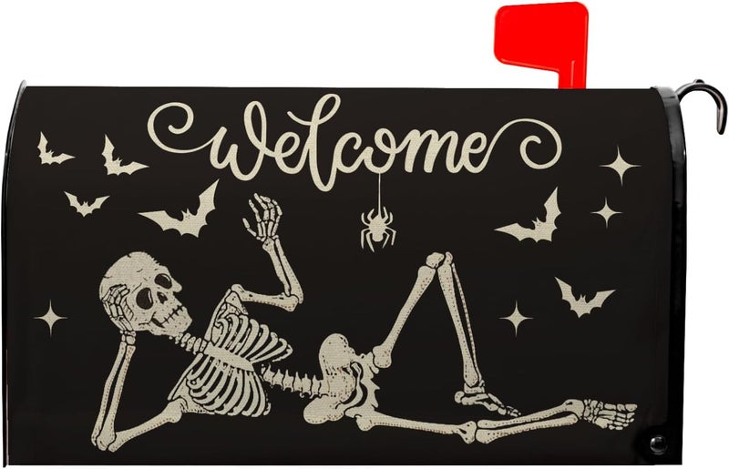 Farg Welcome Halloween Mailbox Covers Skeletons Skull Bat Spider Mailbox Post Cover Letter Box for Garden Standard Size 21x18 in for Yard Home Decor - Image 1