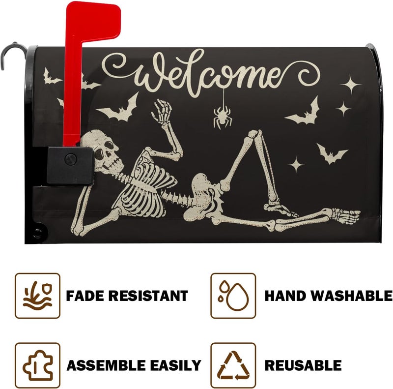 Farg Welcome Halloween Mailbox Covers Skeletons Skull Bat Spider Mailbox Post Cover Letter Box for Garden Standard Size 21x18 in for Yard Home Decor - Image 5