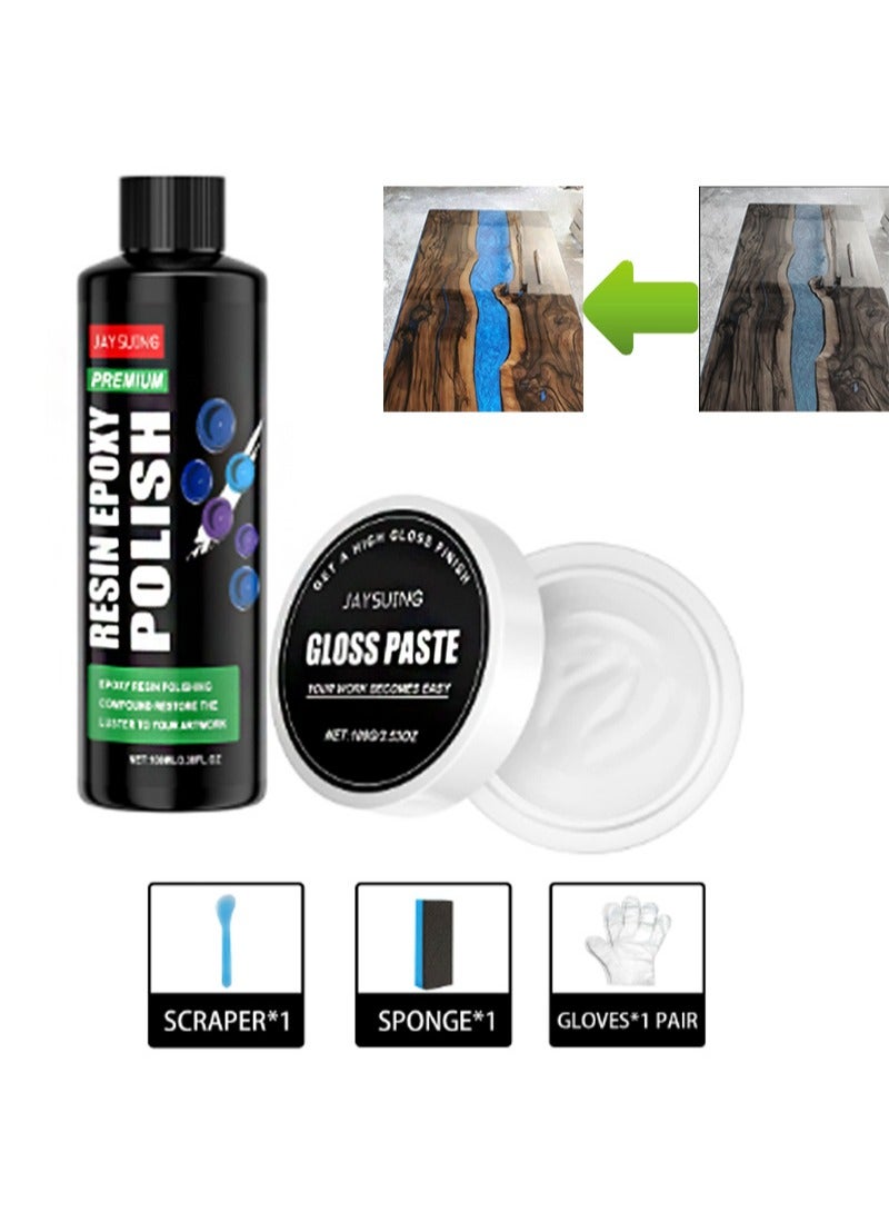 Jaysuing Resin Polishing Kit，Astounding Epoxy Resin Polishing Kit，Epoxy Resin Polish，Gloss Paste，Resin Epoxy Polish，With Scraper，Gloves And Sponge，For Removing Scratches，Metal And Stone Countertops（100g+100ml） - Image 1