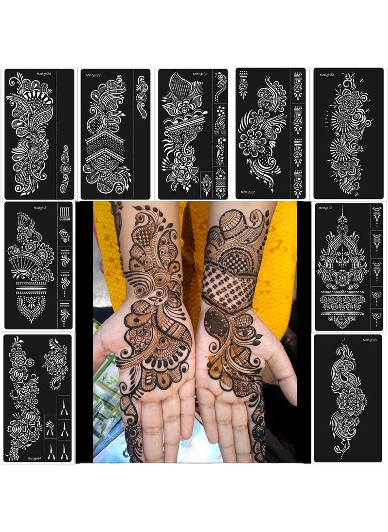 Mzstgh - Henna Stencils 9 Sheet Henna Tattoo Kit, Reusable Henna Stickers for Hand Forearm Indian Arabian Self Adhesive Tattoo Templates - Image 1