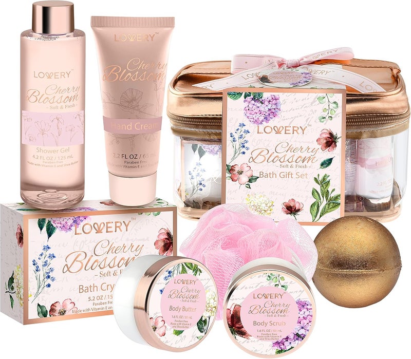 LOVERY Bath and Body Gift Basket For Women Cherry Blossom Home Spa Set Body Lotion Shower Gel Extra Large Bath Bomb Body Butter Body Scrub Bath Crystal Puff  Rose Gold Cosmetic Bag 