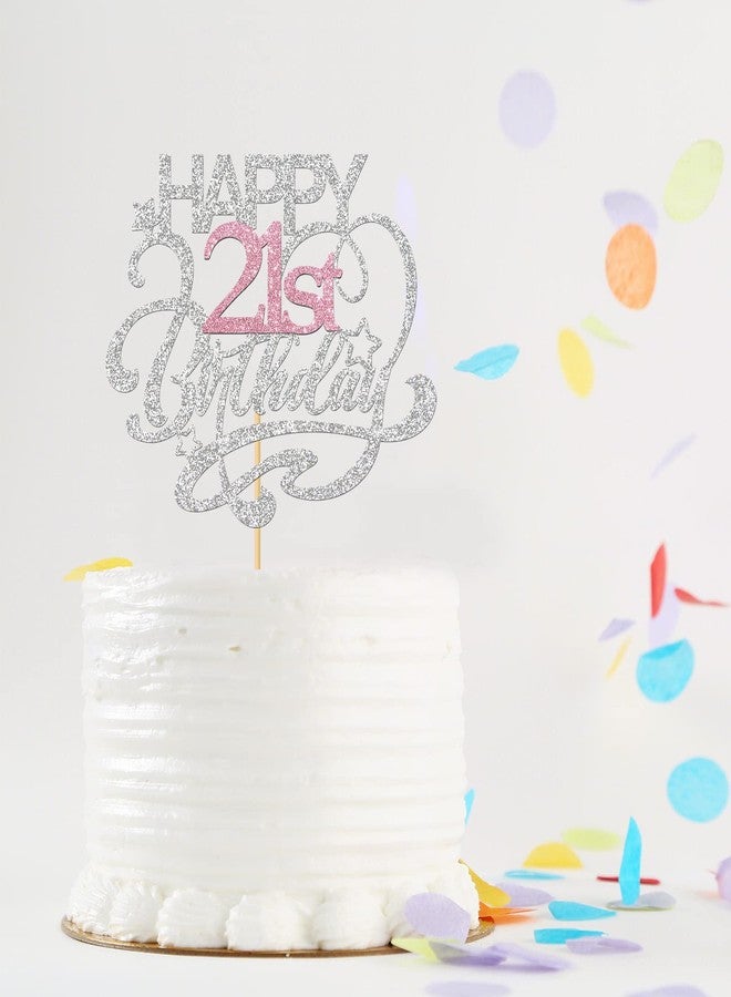 MonMon & Craft Happy 21st Birthday Cake Topper/Cheers to 21 Years/Girls 21st Birthday Party Decor Supplies - Silver & Pink Glitter - Image 5
