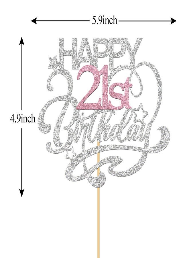 MonMon & Craft Happy 21st Birthday Cake Topper/Cheers to 21 Years/Girls 21st Birthday Party Decor Supplies - Silver & Pink Glitter - Image 2