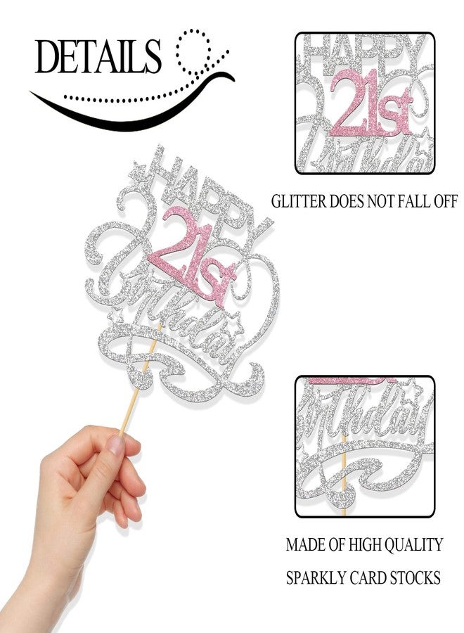 MonMon & Craft Happy 21st Birthday Cake Topper/Cheers to 21 Years/Girls 21st Birthday Party Decor Supplies - Silver & Pink Glitter - Image 3