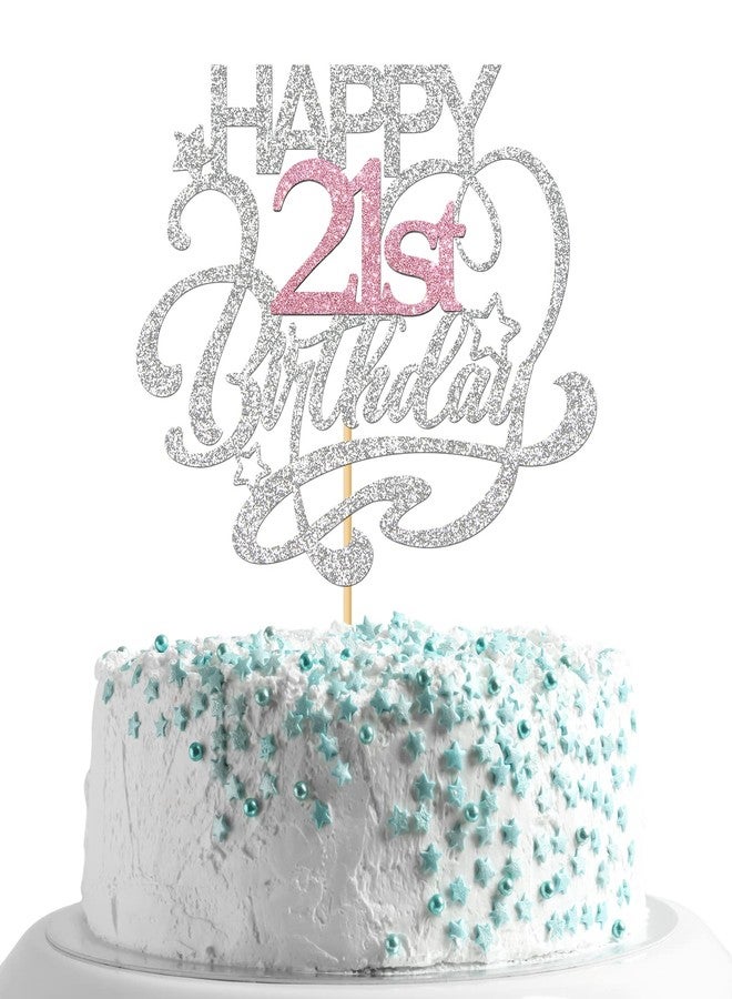 MonMon & Craft Happy 21st Birthday Cake Topper/Cheers to 21 Years/Girls 21st Birthday Party Decor Supplies - Silver & Pink Glitter - Image 1