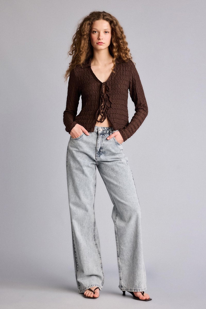 DeFacto Brown Woman Slim Fit Shirt Collar Long Sleeve Blouse Casual - Image 2